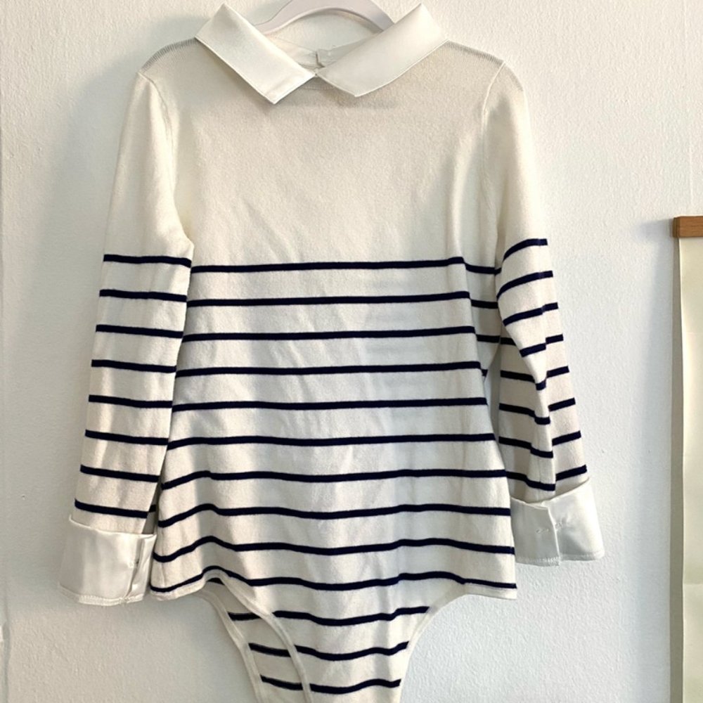 White and navy striped L'ecole des Femmes bodysuit, never worn, size Medium